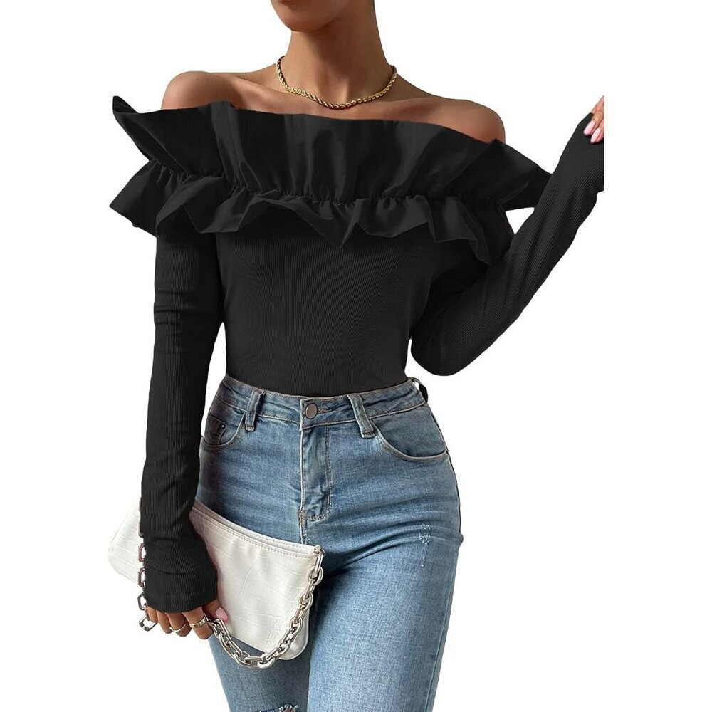 Women's Long Sleeve Rib Knit Off Shoulder Blouse Party Top Slim Fit